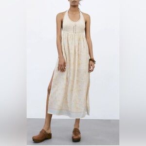 Zara crochet halter neck paisley pattern floral cotton maxi dress